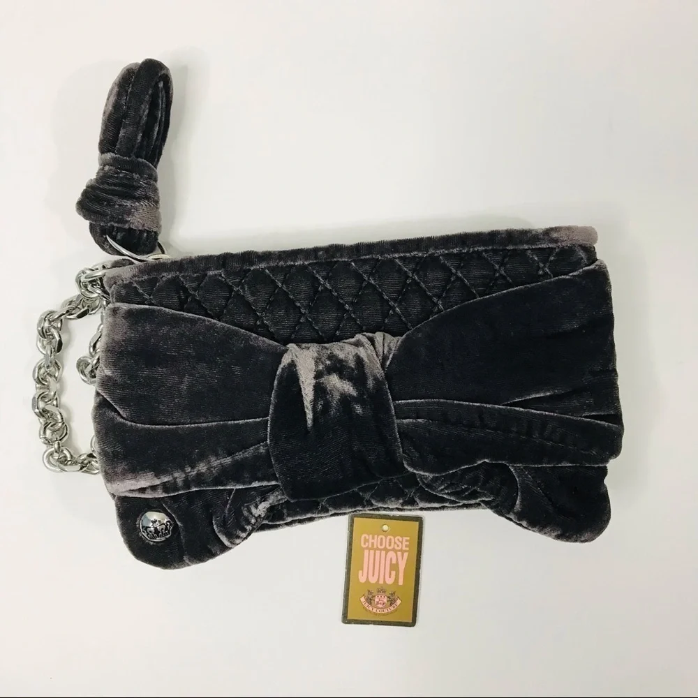 JUICY COUTURE Dark Gray Soft Velvet Bow Wristlet Clutch